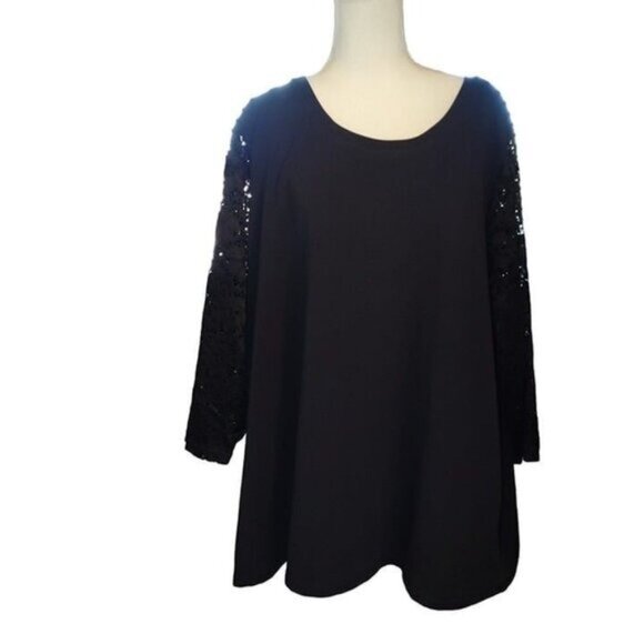 D&Co. Black Tunic Top 3X With Sheer Lace Sequin Sleeves Scoop Neck -LIKE NEW - Picture 3 of 5
